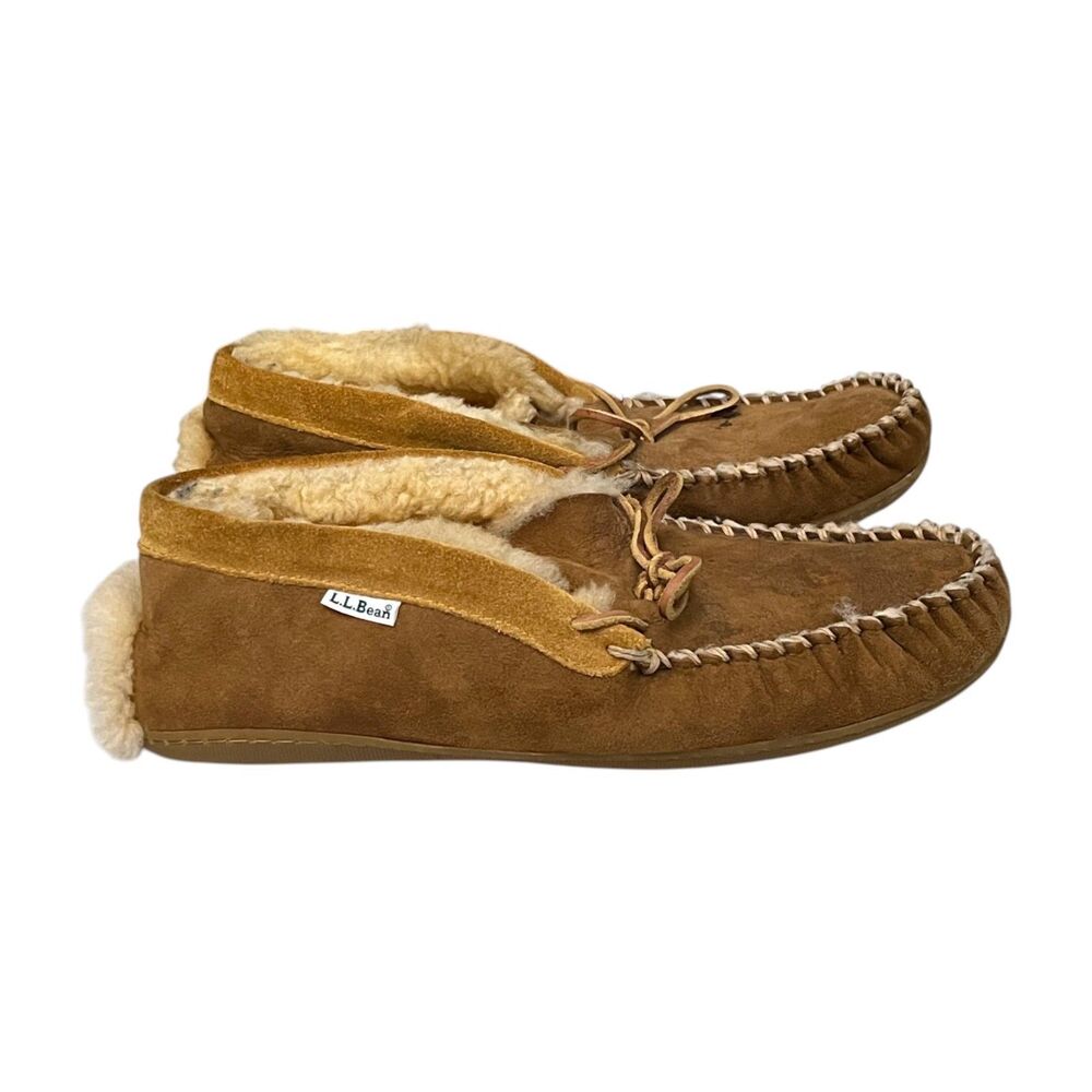 L.L.Bean Wicked Good Moccasins Mens 12 Brown Suede Shearling Slippers